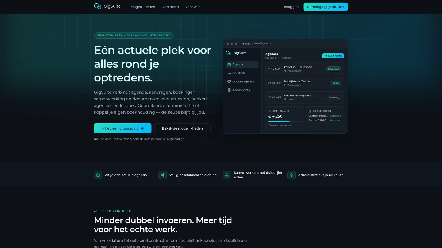 Dashboard en agenda van de GigSuite-webapp