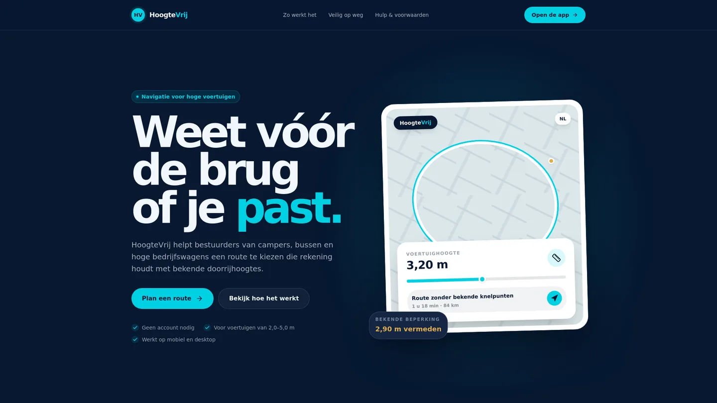 Routeplanner van de HoogteVrij-webapp voor hoge voertuigen