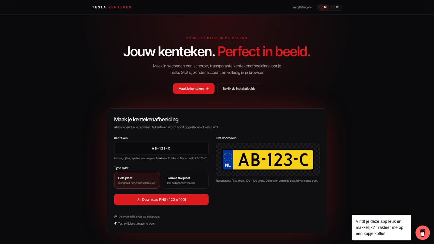Generator van Tesla-Kenteken met een live kentekenvoorbeeld