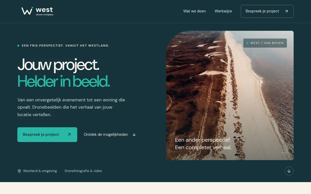 Homepage van de website voor WestDroneCompany